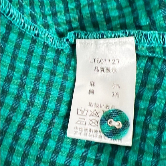 Ichi Antiquities OSFM Gingham Check V Neck Sleeveless Linen/Cotton Green Dress - Picture 11 of 11